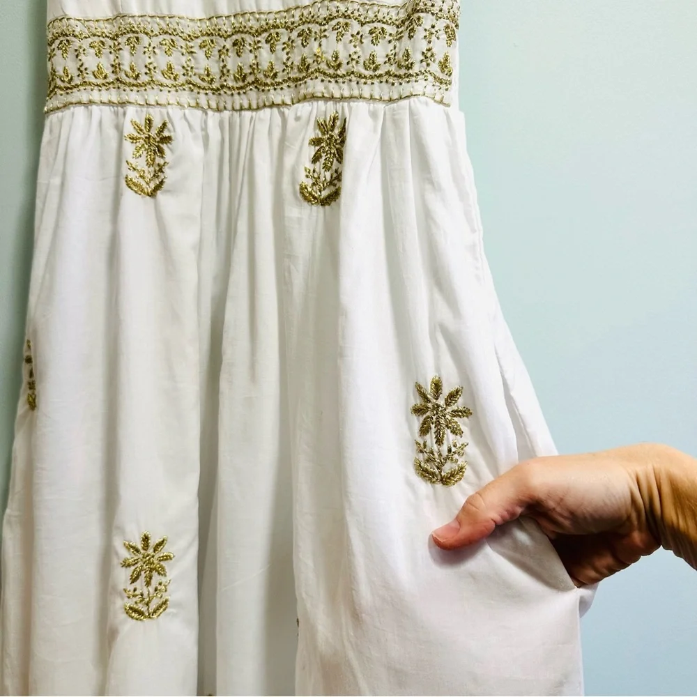 Gretchen Scott hand embroidered midi dress Fiesta Time white/gold, size medium